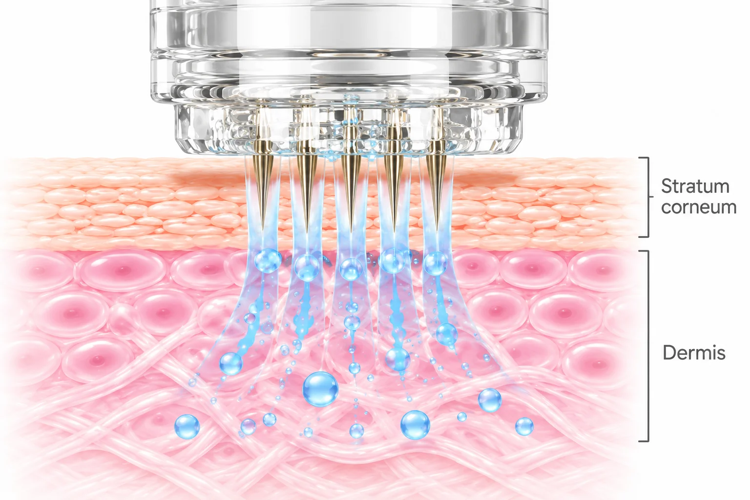 Illustration of a microneedling device delivering treatment, penetrating the stratum corneum and dermis while introducing active ingredients.